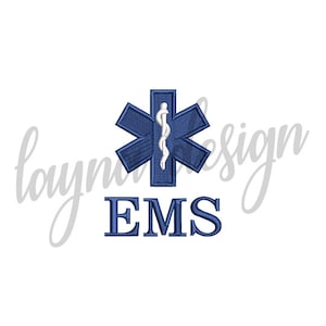 May include: Blue and white embroidered design of a Star of Life with a caduceus inside and the text "EMS" underneath.