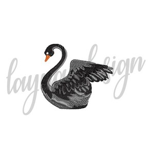 May include: Embroidered black swan with outstretched wings, featuring a curved neck and orange beak. The design is detailed with textured shading, set against a white background. The word "lay" and the word "sign" are written in a cursive font.