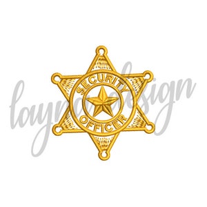 Puede incluir: Parche bordado en oro con una estrella de cinco puntas en el centro y las palabras "SECURITY OFFICER" alrededor de la estrella.