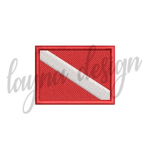 May include: Embroidered red rectangular patch with a white diagonal stripe. The patch has a red border and is likely a scuba diving flag, used to indicate a diver is in the water. The design is simple and bold, suitable for various applications.