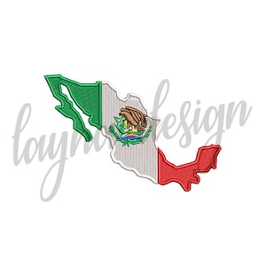 May include: An embroidered design of the Mexican flag on a map of Mexico. The flag features a green, white, and red color scheme with the Mexican coat of arms in the center.