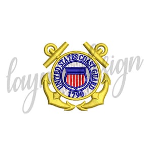 May include: A gold embroidered patch with the United States Coast Guard emblem. The emblem features a shield with red and white stripes, a blue background, and the text "United States Coast Guard" surrounding it. Two gold anchors are on either side of the shield. The text "1790" is below the shield.