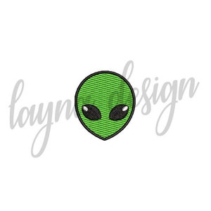Op de afbeelding: Groen alienhoofd met zwarte ogen. Het alienhoofd is een simpel cartoonontwerp.