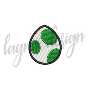 May include: An embroidered design of a green and white egg with three green spots, outlined in black. The egg shape is on a white background. The design is likely for a patch or applique.