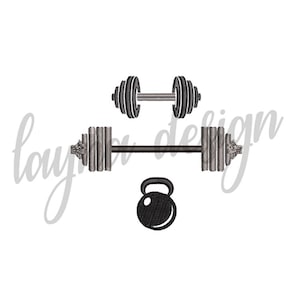 Gym Barbell Dumbbell Kettlebell Embroidery Design (3 Sizes) (DST VP3 PES) / Digital File