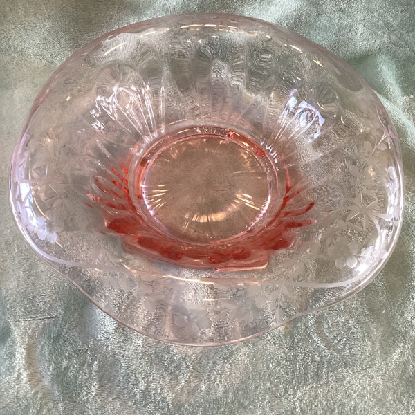 Pink Depression Glass 12” Rolled Console Bowl Etched Floral Scallop Edge w Feet