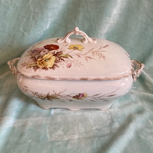 A J Wilkinson England Royal Semi Porcelain Tureen 13&quot; Wide Yellow Pink Red Flower