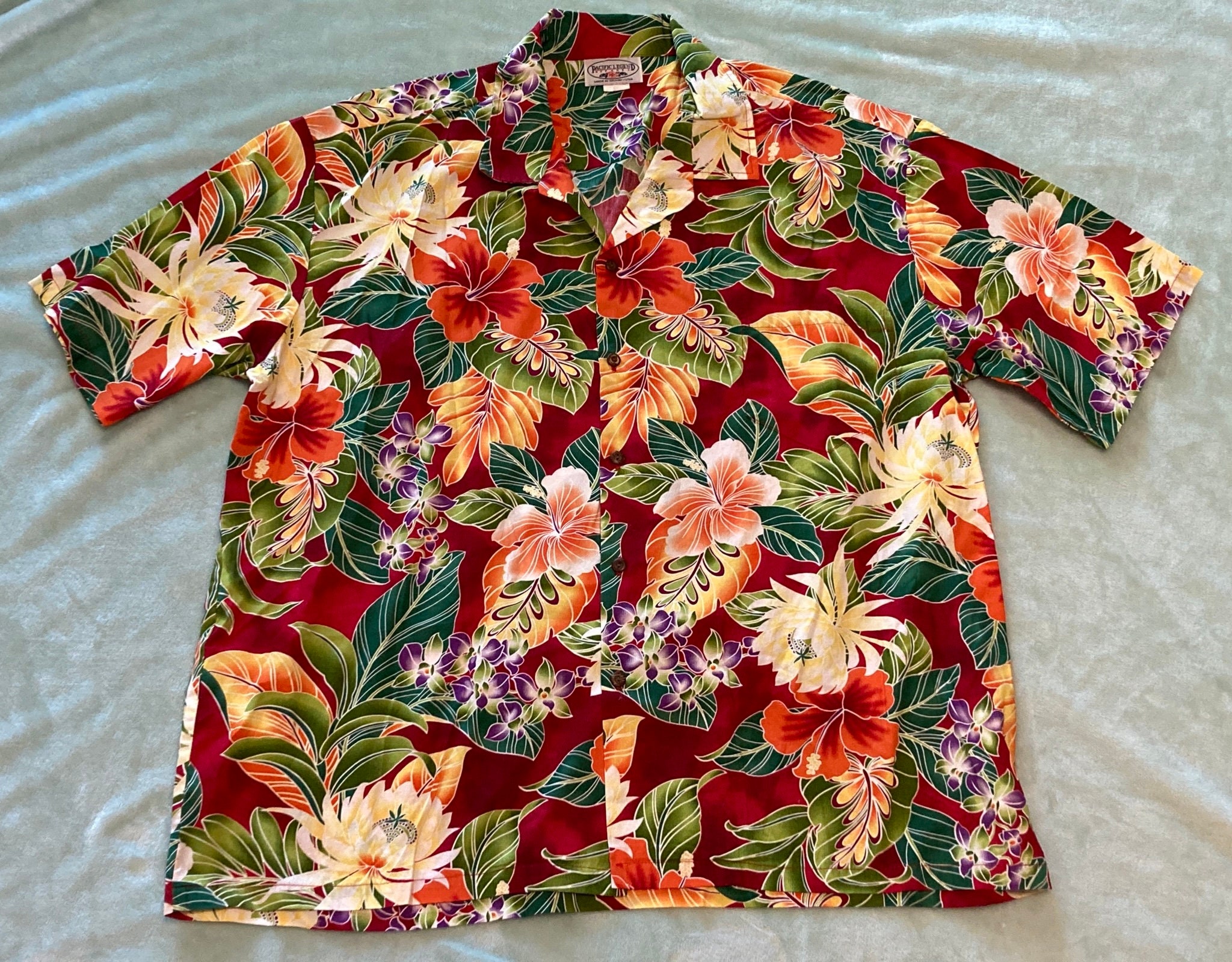 Pacific Legend Hibiscus Monstera Navy Cotton Men's Hawaiian Shirt , L