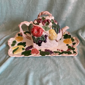 Hand Painted Duncan Ent Tea Pot 8" Tall 11" Wide & Tray 18" x 10.5" Pear Grapes