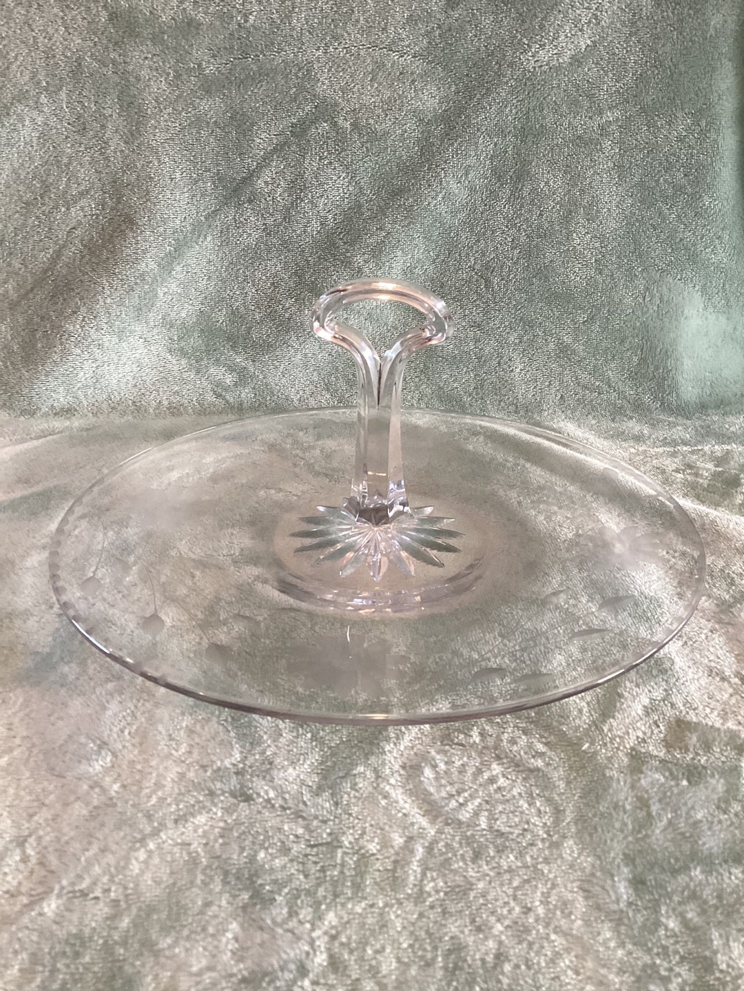 Vintage Clear Glass Flower Etched Tray W Handle 10 Tid Bit Sandwich Platter Etsy