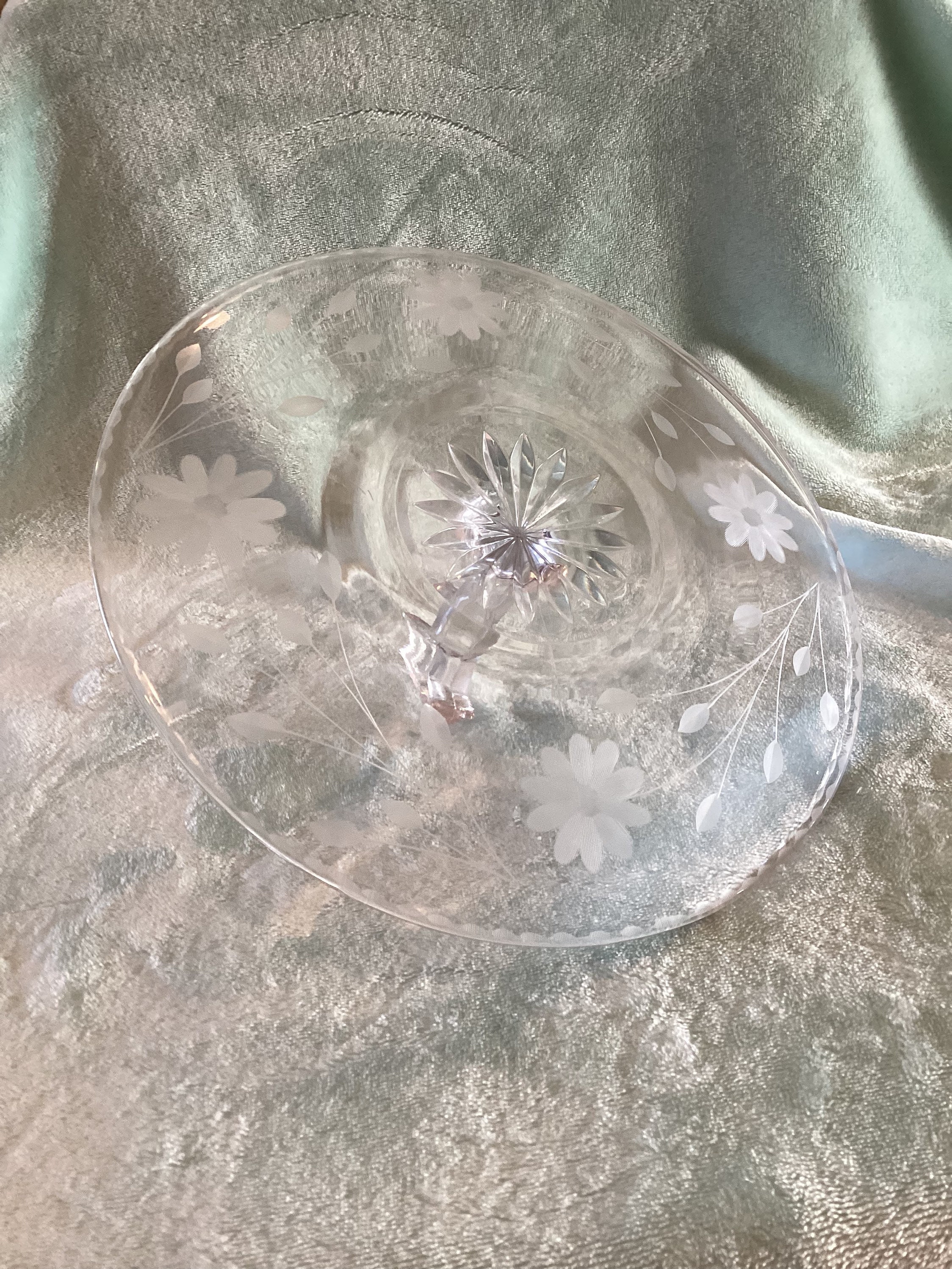 Vintage Clear Glass Flower Etched Tray W Handle 10 Tid Bit Sandwich Platter Etsy