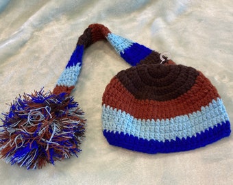 Handmade Knit Infant Hat w Long 19" Tassel Browns Blues Striped