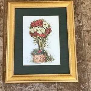 Peggy Abrams Poinsettia Tree Gold Framed Print w Green Mat 16” x 13”