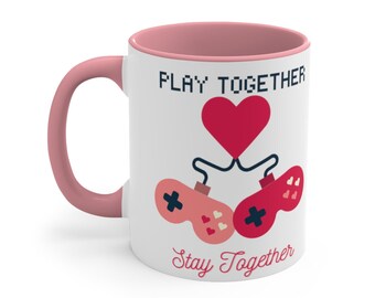 Gaming Couple Valentine Mug, Play Together Stay Together, Gamer Love Gift, Pink Coffee Mug, Anniversary Gift, Romantic Gamer Couple Present