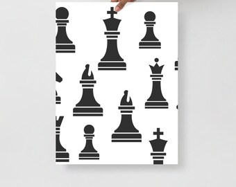 Chess poster, chess figures, Queen's Gambit, Queen of chess, chess game, chess wall art, gift for chess player, gift for dad, chess gift