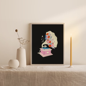 Floral Gramophone Art Print: Retro Music Decor (Digital Download)