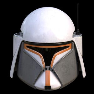 May include: A white helmet with orange and gray accents. The helmet has a visor and a small antenna on top.