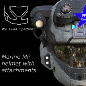 May include: A white and gray military helmet with a black visor and attachments. The helmet has a blue star with the text "PRO Series" on it. The text "We. Build. Spartans." is visible in the background.