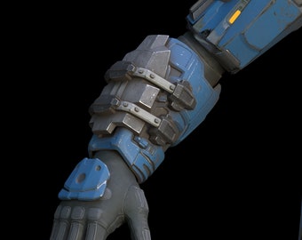 May include: Close-up of a blue and gray robotic arm with a detailed design. The arm is made of metal and plastic and has a series of joints and gears.