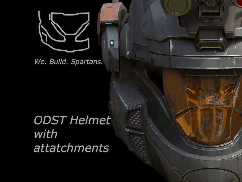 Peut inclure: Gros plan sur un casque ODST noir et orange avec des accessoires. Le casque a une visi&egrave;re et une surface textur&eacute;e. Le texte "ODST Helmet with attachments" est visible sous le casque.