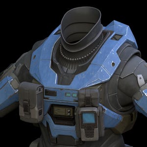 Puede incluir: Vista detallada de un traje blindado futurista azul y gris. El traje presenta un cuello alto, hombreras y varios bolsillos y dispositivos adheridos al pecho y los brazos. El diseño sugiere un tema de ciencia ficción o militar.