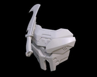 May include: A white 3D printed model of a futuristic helmet with a blade attached to the side.