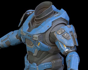 May include: A blue and gray futuristic-style armor suit with a black helmet. The armor has a worn and weathered look, with scratches and scuffs.