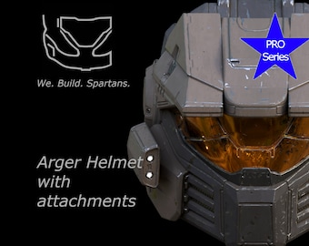 May include: A gray and black helmet with a yellow visor and a blue star with the text "PRO Series" on it. The helmet has a gray and black design with a textured surface. The text "Arger Helmet with attachments" is below the helmet.