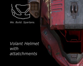 May include: A red and gray helmet with a visor and attachments. The helmet has a worn look and the text "Volant Helmet with attachments" is below the image. The text "We. Build. Spartans." is above the image.