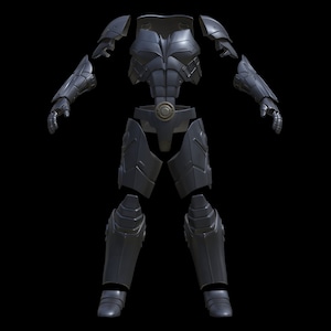 May include: A disassembled suit of armor made of dark gray metal. The armor is in pieces, including the helmet, chest plate, arms, legs, and feet.