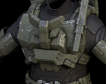 May include: A detailed view of a green and gray futuristic military armor set. The armor features multiple layered plates, with visible wear and tear, suggesting a battle-worn appearance. The design includes a high collar and shoulder protection, with a dark background.