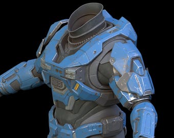 May include: A blue and gray futuristic-style armor suit with a helmet. The armor has a variety of details and textures.