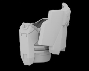 May include: A white plastic model of a robot torso with a hinged chest plate that is open. The torso has a detailed design with various panels and compartments.