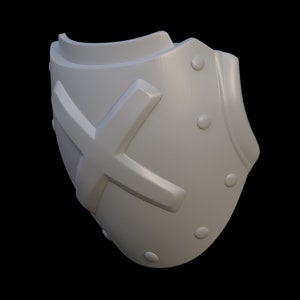 Puede incluir: Una pieza de armadura de hombro de plástico blanco, impresa en 3D, con un diseño de cruz y remaches.