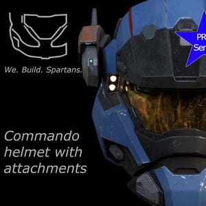 May include: A blue and black commando helmet with attachments. The helmet has a visor and a blue star with the text "PRO Series" on it. The text "We. Build. Spartans." is visible in the background.