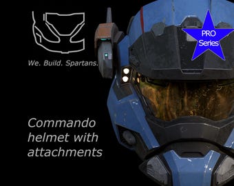 May include: A blue and black commando helmet with attachments. The helmet has a visor and a blue star with the text "PRO Series" on it. The text "We. Build. Spartans." is visible in the background.