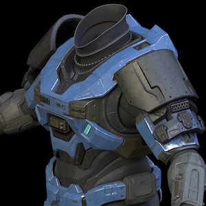 Puede incluir: Vista detallada de una armadura futurista azul y gris, que muestra intrincados detalles mecánicos. La armadura presenta un cuello, hombreras y componentes de brazo articulados, lo que sugiere un tema de ciencia ficción o juegos.