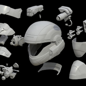 Peut inclure: Un mod&egrave;le de casque futuriste en plastique blanc d&eacute;mont&eacute; avec diff&eacute;rentes pi&egrave;ces, dont une visi&egrave;re, une pi&egrave;ce de t&ecirc;te et un panneau lat&eacute;ral.