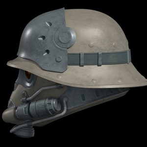 May include: A futuristic helmet with a gray and beige color scheme. The helmet has a visor and a breathing apparatus.