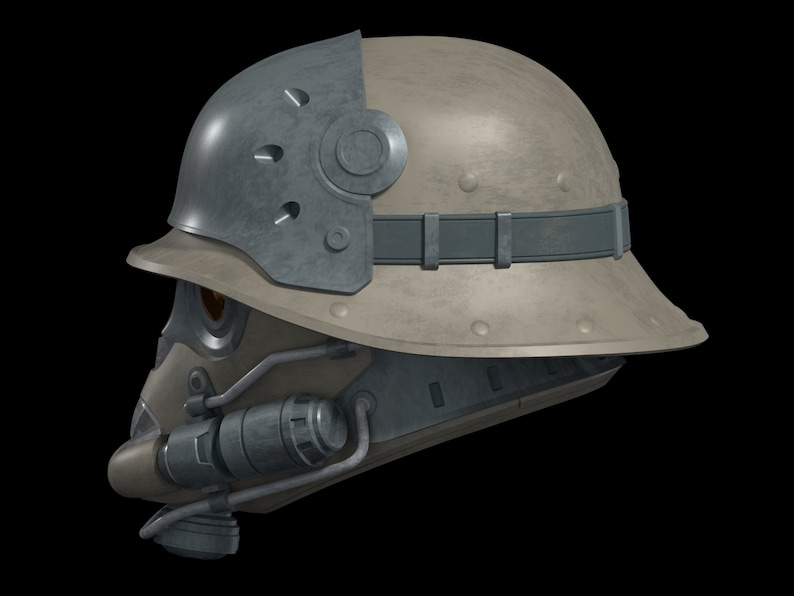 May include: A futuristic helmet with a gray and beige color scheme. The helmet has a visor and a breathing apparatus.