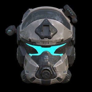 May include: A futuristic helmet with a weathered white and grey finish. The helmet has a blue visor and a black visor with a small black camera on the side.