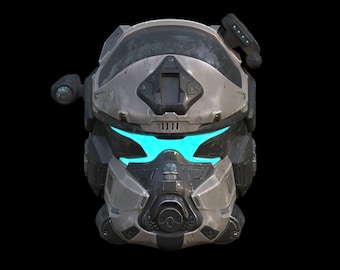 May include: A futuristic helmet with a weathered white and gray finish. The helmet has a blue visor and a black visor with a small black camera on the side.