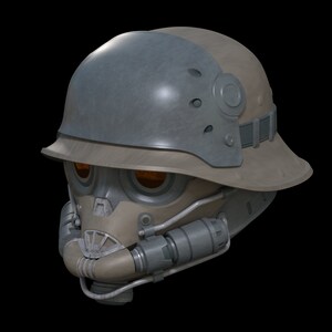 May include: A futuristic helmet with a gas mask attached. The helmet is a combination of a traditional military helmet and a modern gas mask. The helmet is painted in a camouflage pattern.