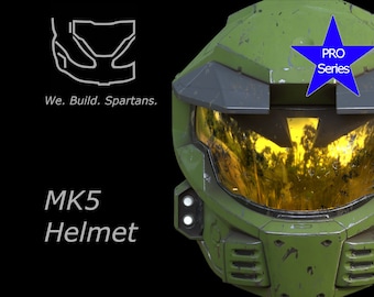 May include: A green and gray Halo MK5 helmet with a yellow visor and a blue star with the text "PRO Series" on it. The helmet has a worn and weathered look.