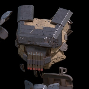 May include: A disassembled futuristic armor set with a beige and gray color scheme. The armor features a chest piece with a built-in magazine holder, shoulder pads, and a back plate.
