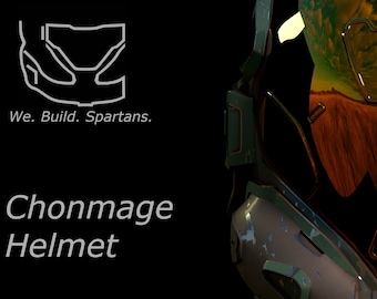 May include: A close-up of a futuristic helmet with a green and blue color scheme. The helmet has a reflective visor that shows a landscape with clouds and a sunset. The text "We. Build. Spartans." and "Chonmage Helmet" is visible below the helmet.