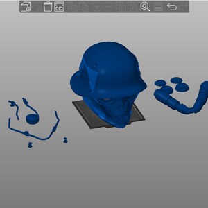 May include: A blue 3D printed helmet with a face mask and a set of blue 3D printed accessories.