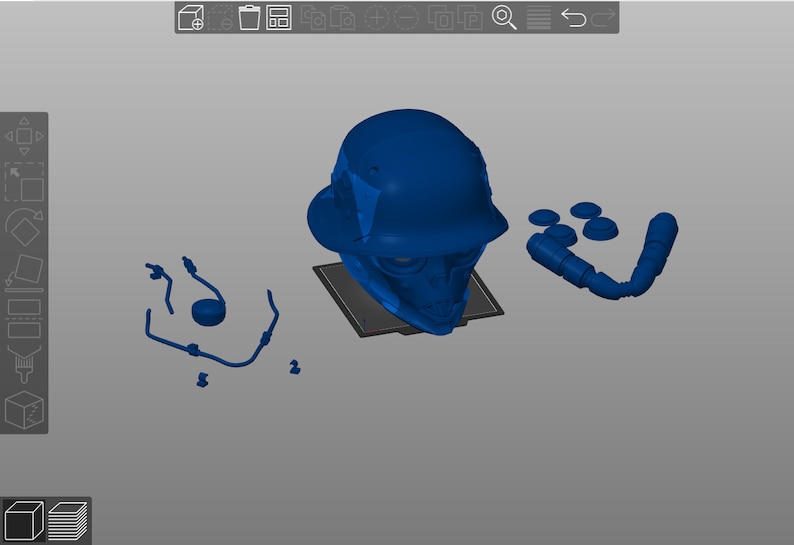 May include: A blue 3D printed helmet with a face mask and a set of blue 3D printed accessories.