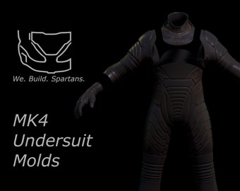 May include: A black undersuit with a textured design. The suit has a high collar and is worn by a figure. The text "MK4 Undersuit Molds" is displayed below the figure. The text "We. Build. Spartans." is displayed above the figure.