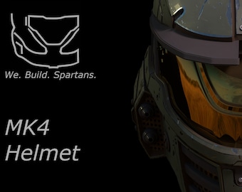 May include: A close-up of a green and black helmet with a gold visor. The helmet has a textured surface and a logo that says "We. Build. Spartans." and "MK4 Helmet".